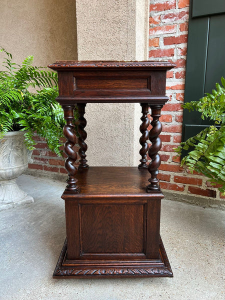 Antique French Side End Table Cabinet BARLEY TWIST Carved Oak Renaissance Marble