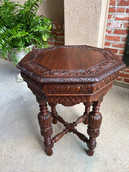 Petite Antique French Octagon Center Side TABLE Renaissance Carved Oak