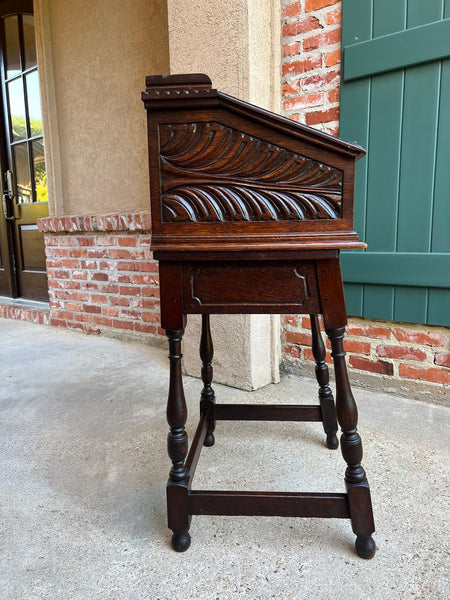 Antique English Slant Front Desk Display Stand Jacobean Carved Tiger Oak Lectern