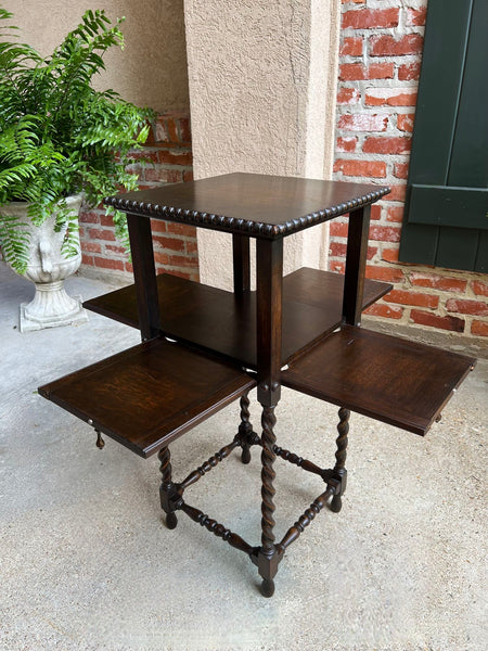 Antique English Square Table Plant Stand Jacobean BARLEY TWIST Cabinet Dark Oak