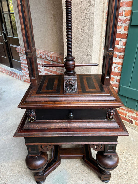 Antique English Book Press Table Renaissance Carved Oak Ebonized Cabinet c1880