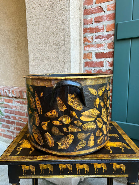 LARGE Antique English Planter Cachepot Black Metal Lacquer SHELL Decoupage c1890