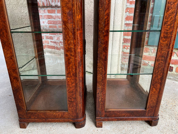PAIR Antique French Glass Vitrine Display Cabinets Burl Mahogany Mirror c1900