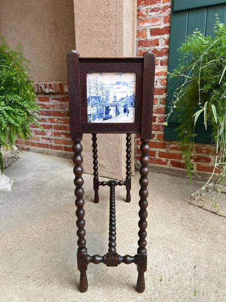Antique English Planter Blue White DELFT Tile Floral Box Oak Bobbin Legs c1910