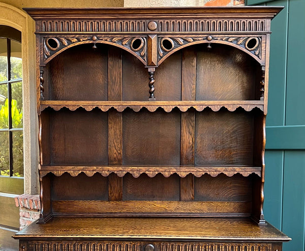 Antique English Welsh Dresser Sideboard Barley Twist Carved Tiger Oak Farmhouse