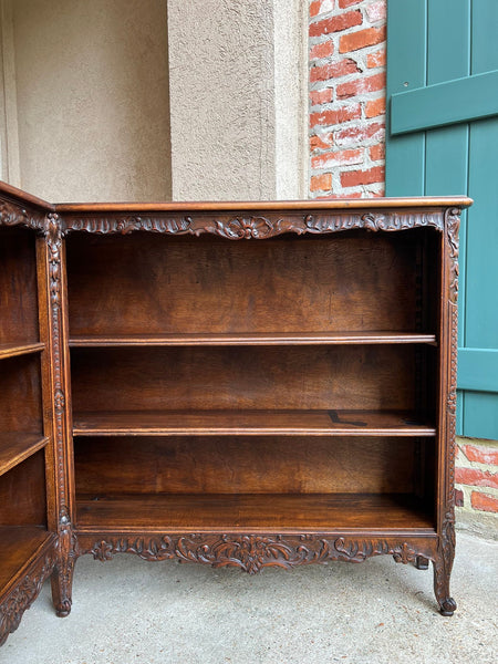 Antique French Corner Bookcase Carved Oak Louis XV Revival Open Shelves c1920