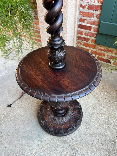 Antique English Carved Oak Floor Lamp OPEN Barley Twist w Round End Table c1920