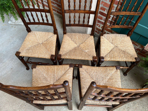 Set 5 Vintage English Oak Dining Side Chairs Rush Seat Lancashire Spindle Back