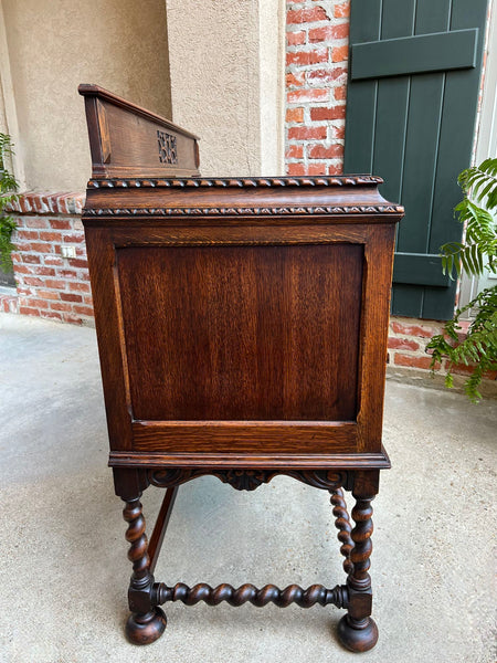 Antique English Sideboard Server Buffet BARLEY TWIST Carved Tiger Oak Jacobean