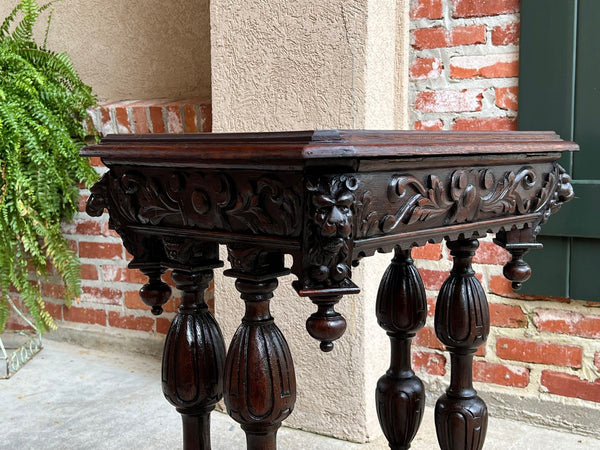 Antique French Side Table Petite Renaissance Carved Oak Trestle Desk Craft Table