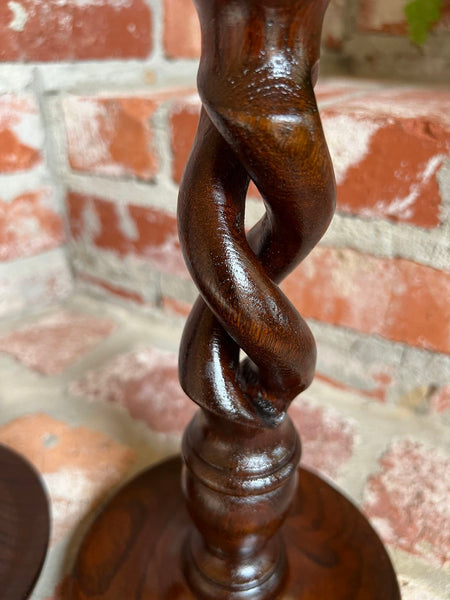 PAIR Set Antique English Oak OPEN Barley Twist Candlesticks Candle Holder Brass