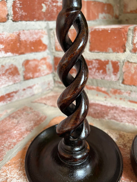 PAIR Set Antique English Oak OPEN Barley Twist Candlesticks Candle Holder Brass