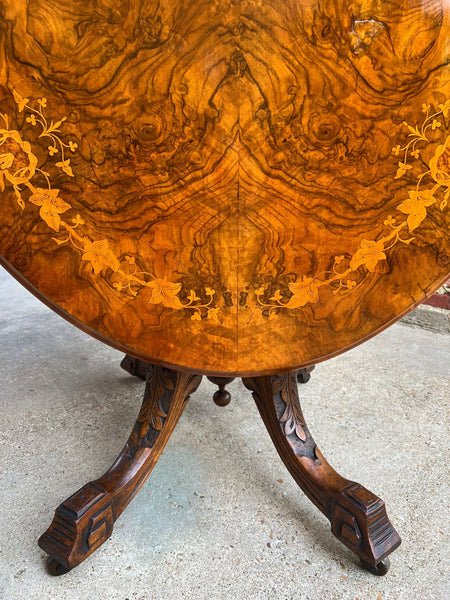 Antique English Center Breakfast Table Burl Walnut Tilt Top Inlaid Oval c1890