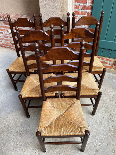 Vintage English Dining Chairs Set 6 Oak Ladder Back Rush Seat Woven