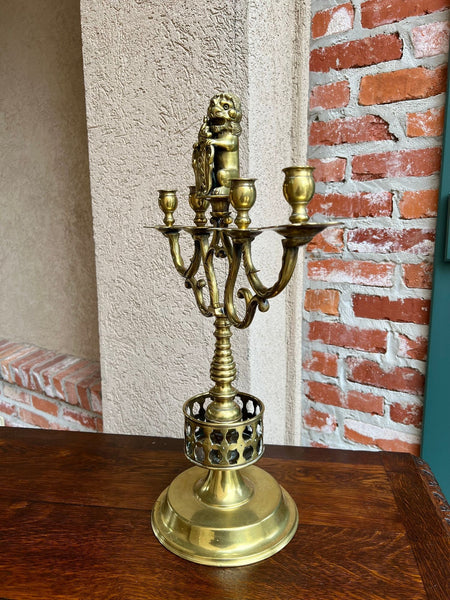 Antique French Brass Candelabra Baroque Revival Lion Sculptural Large c1890