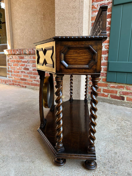 Antique English Console Hall Table Jacobean Carved Oak Barley Twist Gong c1880