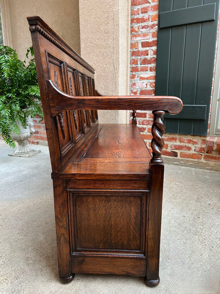 Antique English Hall Bench Carved Oak Barley Twist Jacobean Lift Top Settee