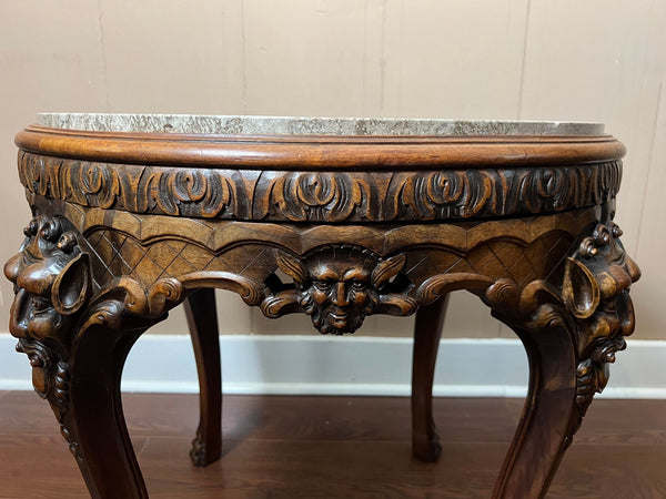 Antique French Renaissance Revival Center Table Round Marble Carved Walnut c1900
