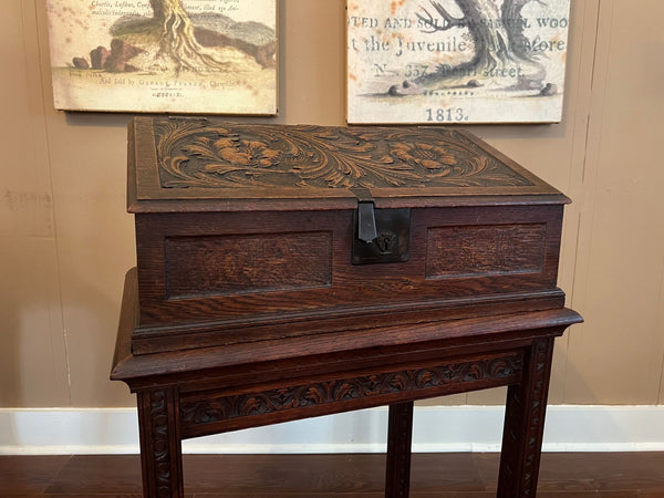 Antique English Slant Top Bible Box Desk Stand Jacobean Carved Oak Lectern c1890