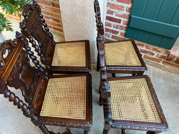 Set 4 Antique French Dining Chairs Barley Twist Cane Seat Carved Oak c1920