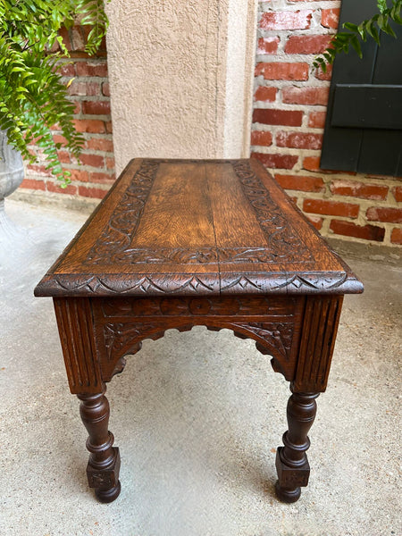 Antique French Bench Stool Gothic Renaissance Coffee Table Carved Oak c1890