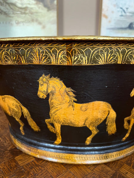 Antique English Planter Jardiniere Horse Equine Black Decoupage Tole Metal c1900