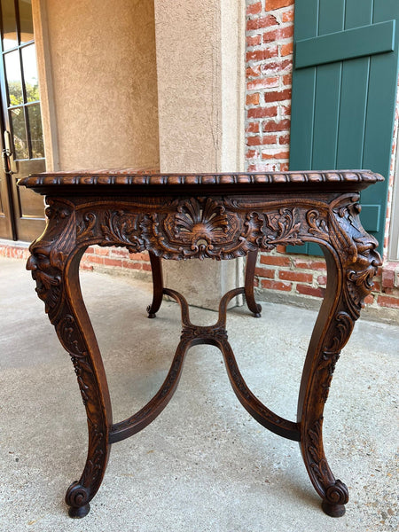 Antique French Center Library Table Louis XV Carved Oak Rococo Parquetry c1890