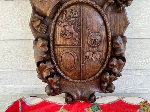 Antique French Gothic Wall Plaque Coat of Arms Carved Oak Renaissance c1890