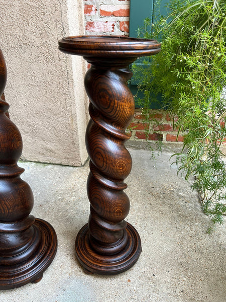 PAIR Set of 2 Antique French Pedestal Stand BARLEY TWIST Oak LARGE Plant Columns