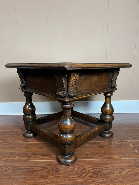 Antique English Side End Table Small Square Carved Oak Jacobean Revival c1910