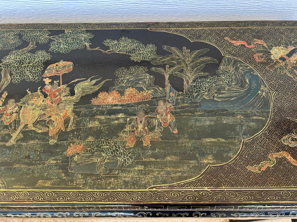 Vintage Chinese Console Table Black Lacquer Chinoiserie Gilt Hand Painted c1950
