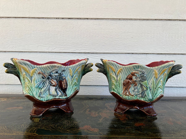 PAIR Antique French Majolica Jardinières Insect Musician Cache Pot Planter c1880