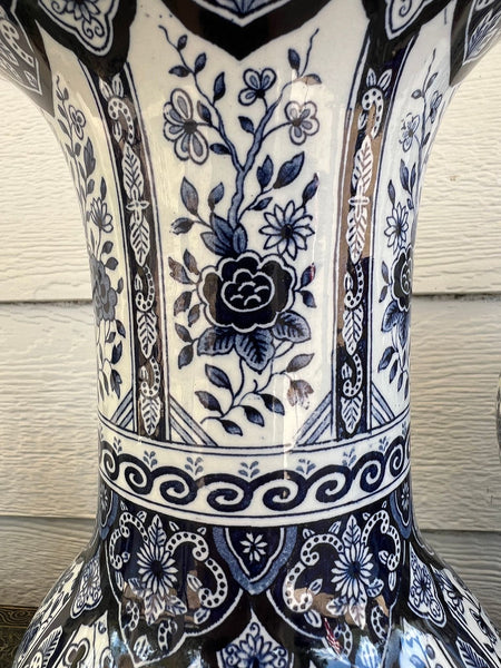 Vintage Large Delft Trumpet Vase Blue and White Floral Boch Royal Sphinx Urn