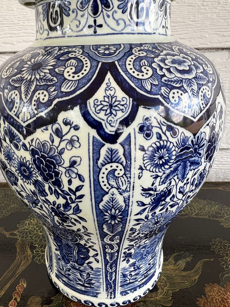 Vintage Large Delft Ginger Jar Vase Blue & White Floral Royal Sphinx Lidded Urn
