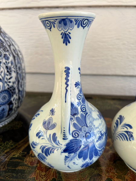 PAIR Petite Vintage Delft Vases Blue & White Windmilll Hand Painted Bud Vases