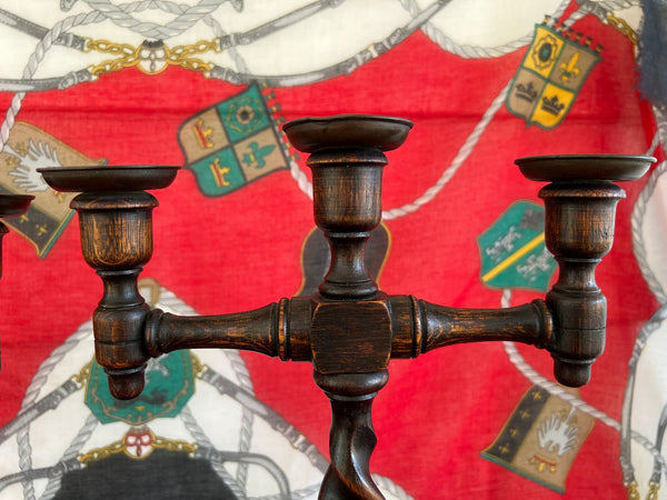 PAIR Antique English Oak Barley Twist Candlesticks Candelabras Candle Holders
