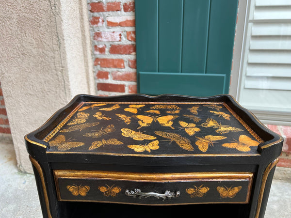 PAIR French Bedside Cabinets Chinoiserie Butterfly Gilt Lacquer Tables