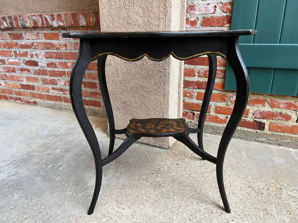 Vintage French Side Table Chinoiserie Butterfly Black Lacquer Hollywood Regency