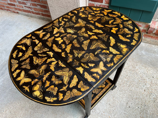 Vintage English Bar Cart Trolley Drop Leaf Chinoiserie Butterfly Lacquer Table