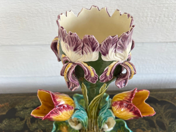 Antique French Majolica Vase Centerpiece Onnaing Art Nouveau Iris Tulip c1900