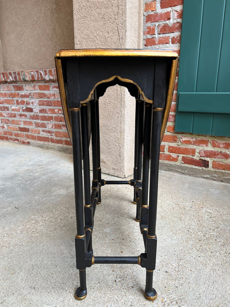 Antique English Drop Leaf Side Table Horse Equestrian Chinoiserie Petite Oak