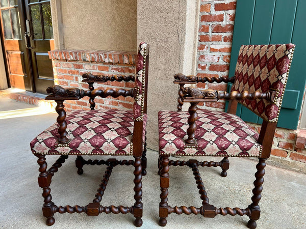 Pair SET Antique French Arm Chair Barley Twist Oak Renaissance Lion Fleur De Lis