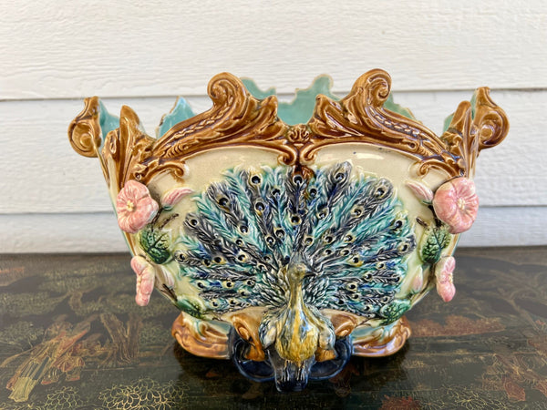 Antique French Majolica Jardinière Planter Peacock Onnaing Large Cache Pot c1880