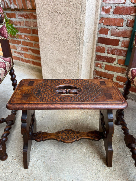 Antique French Bench Stool Gothic Renaissance Carved Oak Trestle Fleur de lis