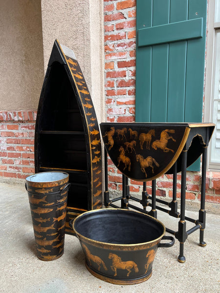 English Boat Form Etagere Black Lacquer Fish Decoupage Collection Bookshelf