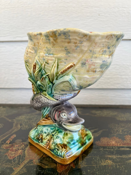 Antique Majolica Vase Bowl Dolphin Nautilus Shell English Royal Worcester c1870
