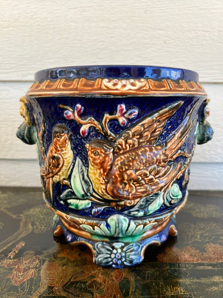 Antique Majolica Bird Planter Cache Pot Jardinière Cobalt Blue Wasmuël c1890