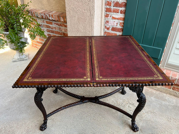 Antique Foyer Hall Table British Colonial Carved Wood Leather Flip Top Burmese