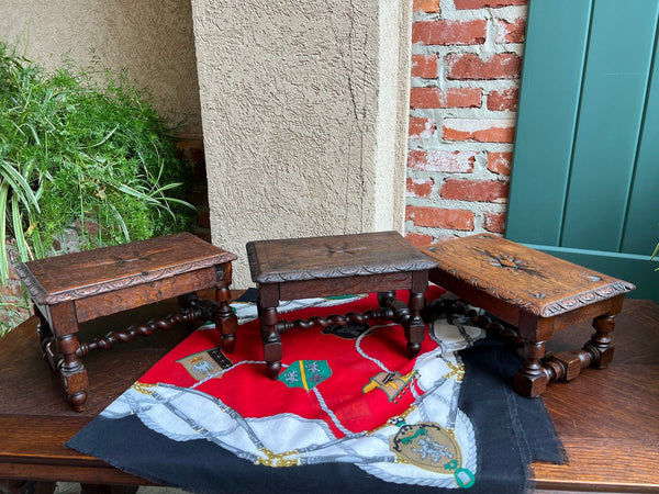 Antique English Kettle Stand Footstool Barley Twist Carved Oak Display Stool