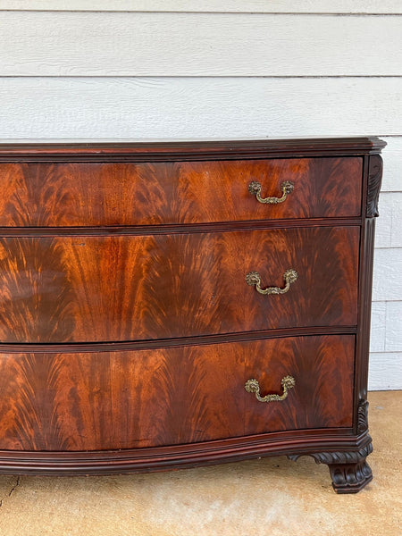 Antique Georgian Revival Chest of Drawers Flame Mahogany Serpentine Carved c1940